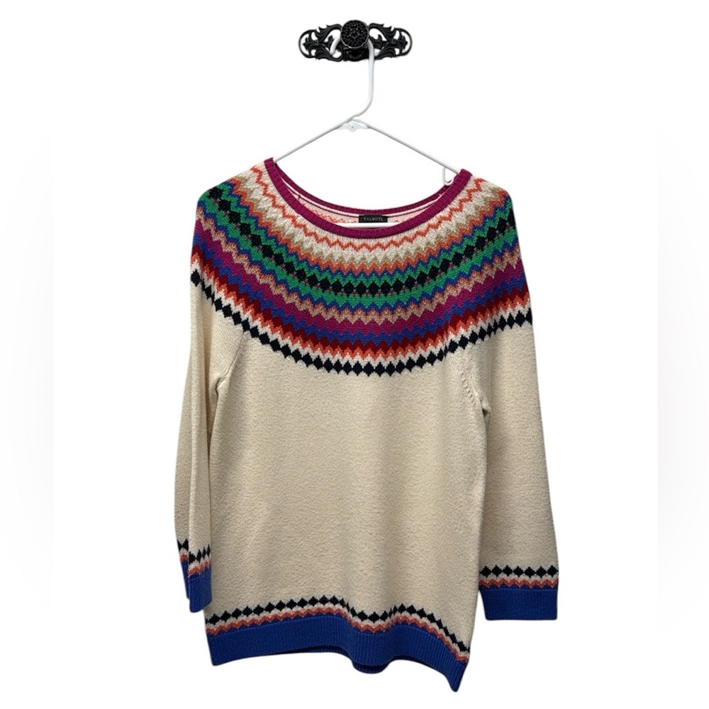 TALBOTS Fair Isle beige Multicolor The Quarter Sleeve Wool blend knit Sweater